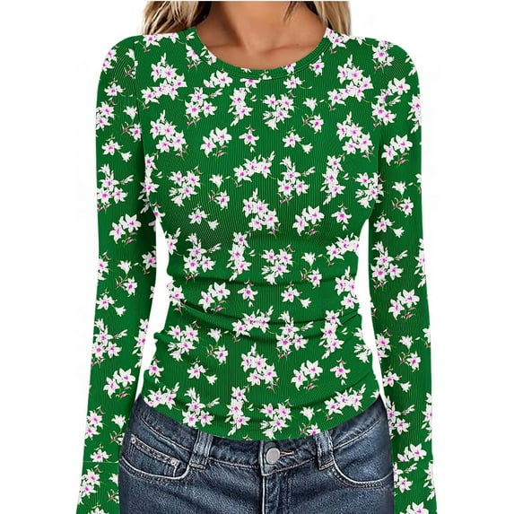 ClodeEU Women Long Sleeve Round Neck Tops ,Casual Trendy Slim Fit Floral Printed Tee A-Green,Womens Plus M