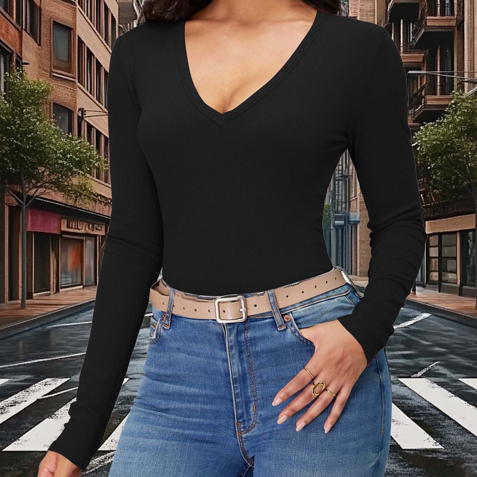ClodeEU Women Long Sleeve V Neck Shirts,Deep V Neck Slim Fitted T ...
