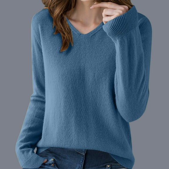 ClodeEU Women Long Sleeve V Neck Sweater, Lightweight Casual Fall Sweaters Pullover Blue^,Womens Plus XXL