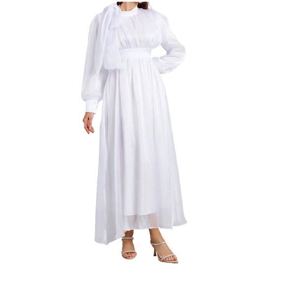 ClodeEU Women Long Sleeved Maxi Dress，Casual Round Neck Dress，Solid Color Plus Size Long Dress White,Womens Plus M