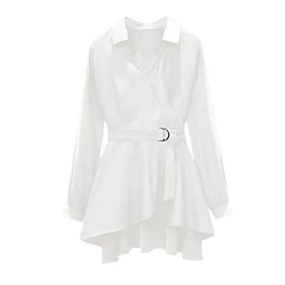 ClodeEU Women Long Sleeved Shirt Top, Casual V-Neck Solid Color Blouse ,Lapel Dresses Outwear with Belt Buckle White,Womens Plus XXL