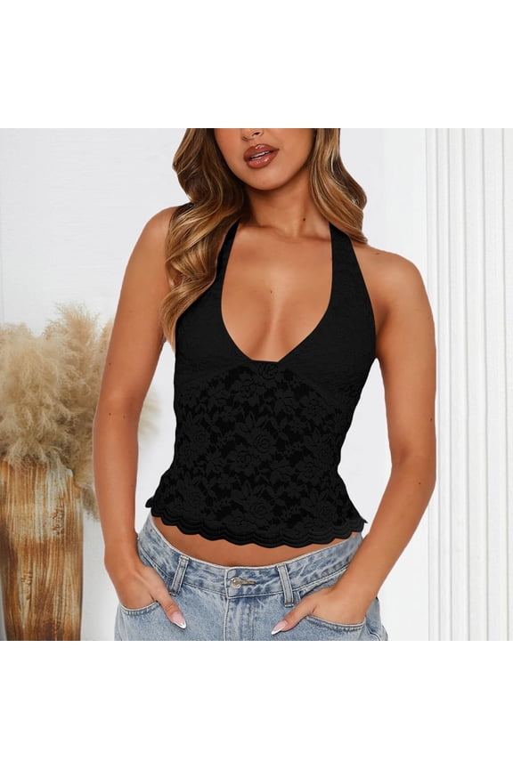 Women Low Plunge Lace Halter Top ,Sleeveless Backless Sheer Lace Vest Tops Streetwear Black,Womens Plus L