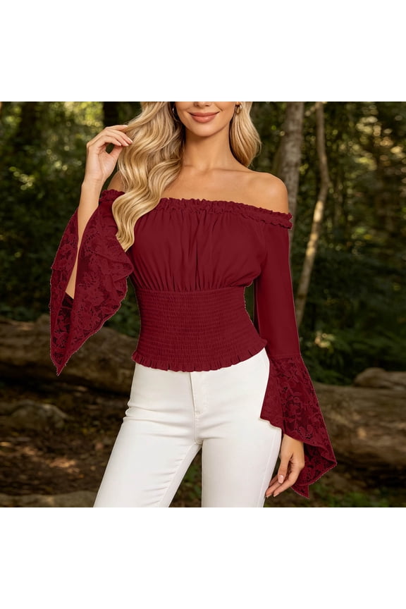 Women Off Shoulder Ruffled Flare Long Sleeve Crop Top,Casual Ruched Slim Solid Blouse Red,Women's Plus M