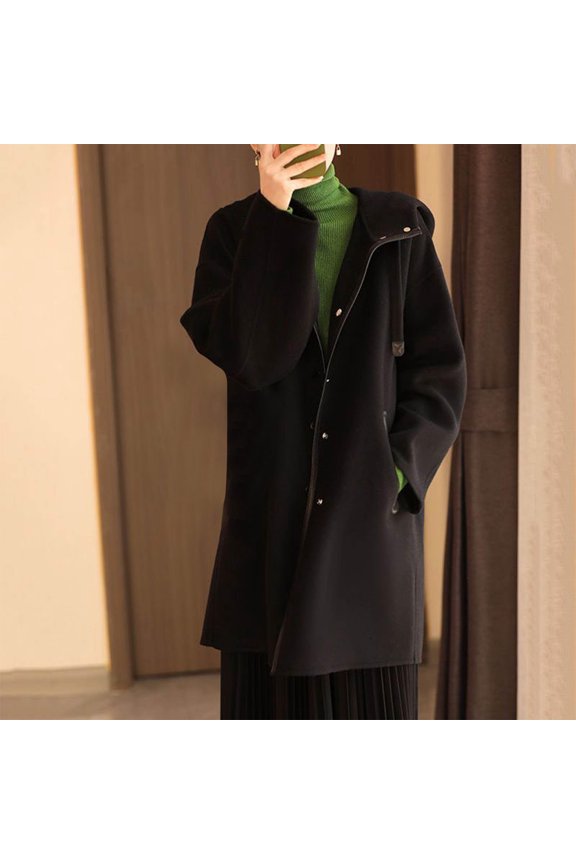 Women Overcoat, Long Sleeve Button Up Hooded, Wool Blend Jackets Overcoat with Pockets Black,Womens Plus M