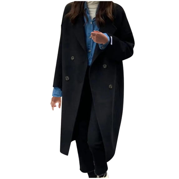 ClodeEU Women Oversized Long Winter Wool Blend Coats ,Casual Loose Double Breasted Outerwear Black,Womens Plus L