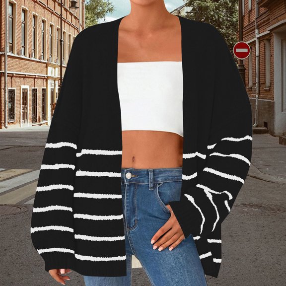 ClodeEU Women Oversized Striped Knit Cardigan Sweater,Long Sleeve Trendy Open Front Jacket Coats,Fall Warm Outerwear Black,Womens Plus XL
