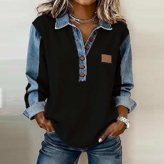 ClodeEU Women Patchwork Collared Sweatshirts ,Button Down Oversized Long Sleeve 2 in 1 Shirts Denim Patchwork Pullover Top Black,Womens Plus XXL