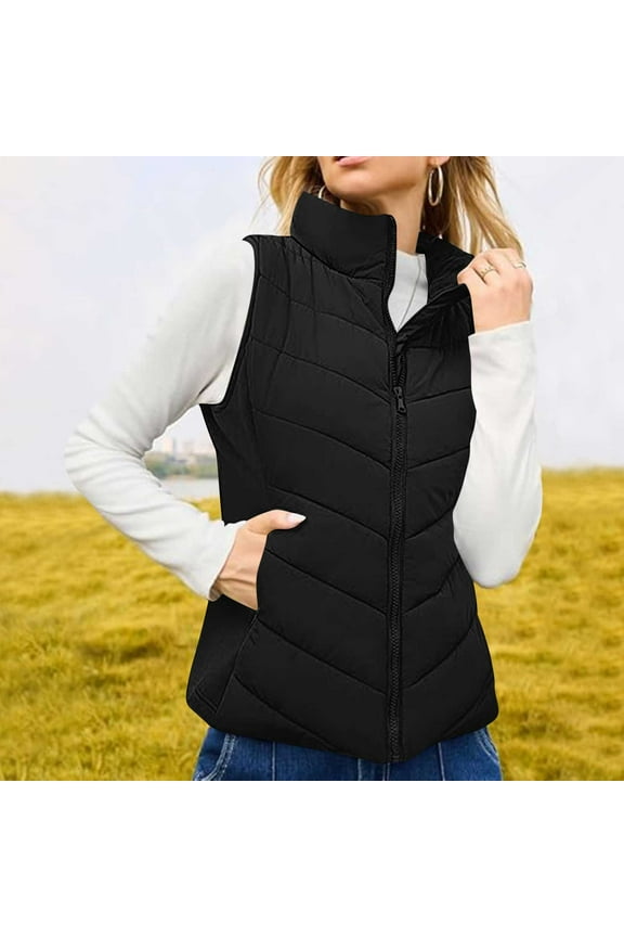 Women Puffer Vest ,Sleeveless Zip Up Outerwear, Stand Collar Quilted Vest, Warm Winter Jackets Coats with Pocket Black,Womens Plus L