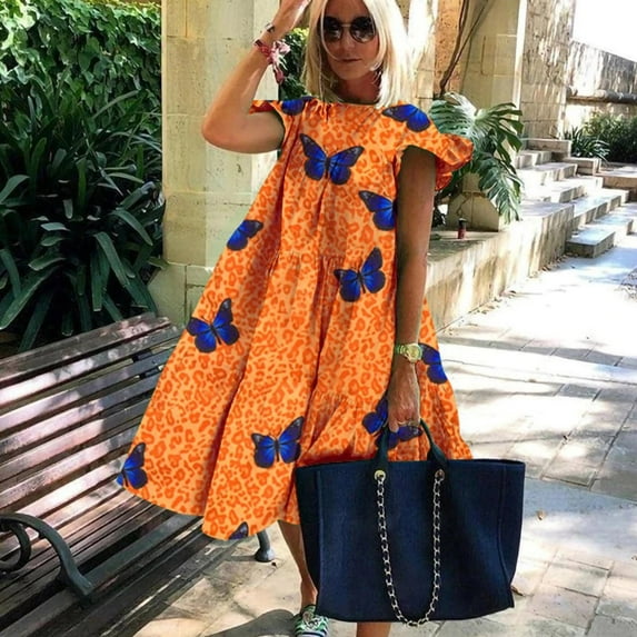 ClodeEU Women'S Deep O-Neck Tshirts Dresses Summer Short Sleeve Floral Print Dress Orange 12(XXL)