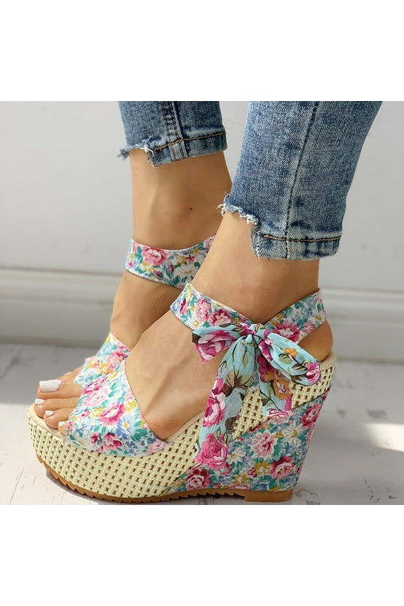 Women'S Ladies Platform Wedges Heel Sandals Floral Flower Lace-Up Shoes Footwear