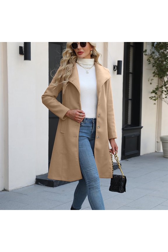 Women Single Breasted A Lined Winter Coat, Mid Long Wool Coat,Fashion Outerwear Trench Coat Khaki,Womens Plus S