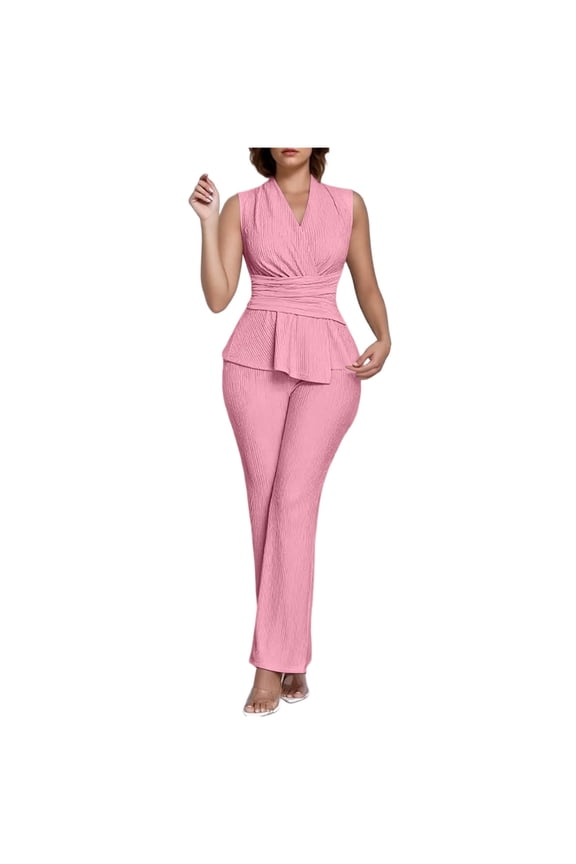 Women Sleeveless V Neck Blazer and Straight Pants 2 Piece Suit, Slim Business Casual Matching Outfit Set Pink,Women's Plus XL
