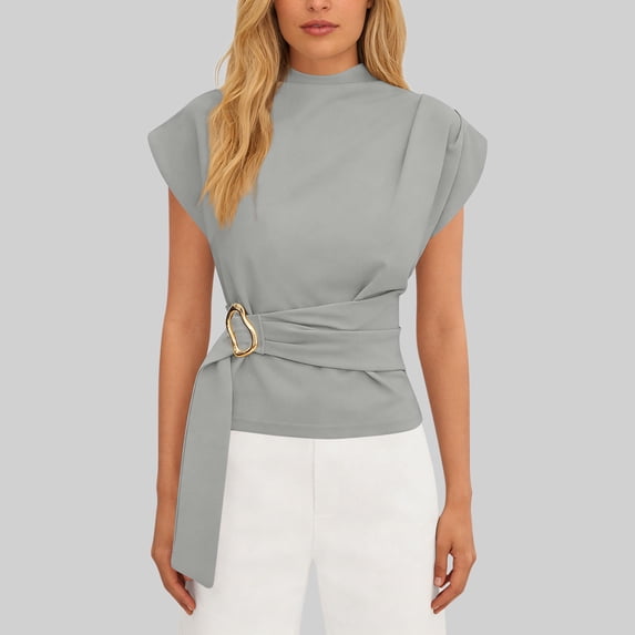 ClodeEU Women Stand Collar Short Sleeve Blouses with Belted ,Elegant Summer Casual Shirt Gray,Womens Plus M