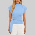 thumbnail image 1 of ClodeEU Women Stand Collar Short Sleeve Blouses with Belted ,Elegant Summer Casual Shirt Light Blue,Womens Plus M, 1 of 6