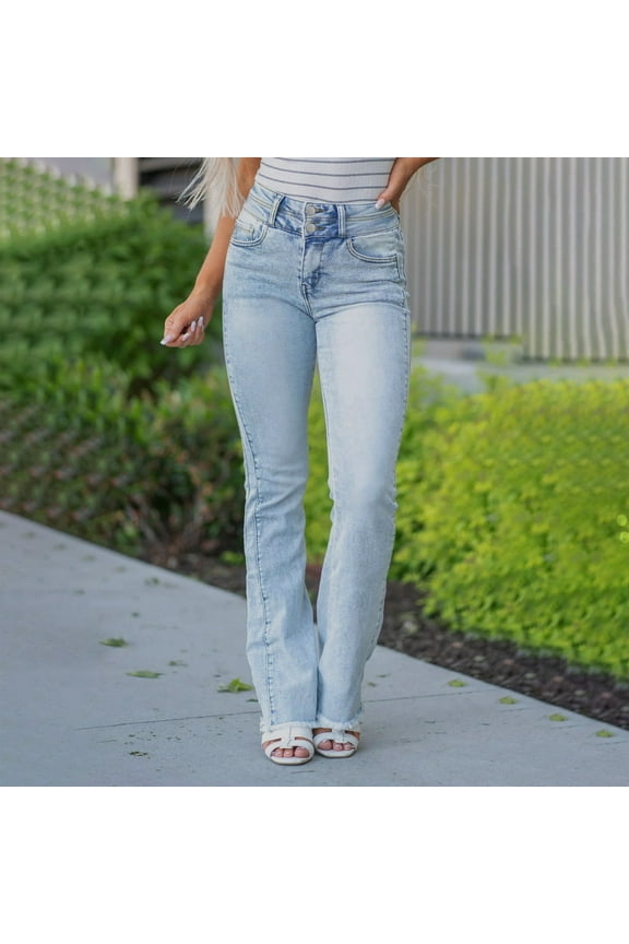 Women Stretchy Tight Jeans, Mid-High Waist Buttoned Jeans Light Blue,Womens Plus L