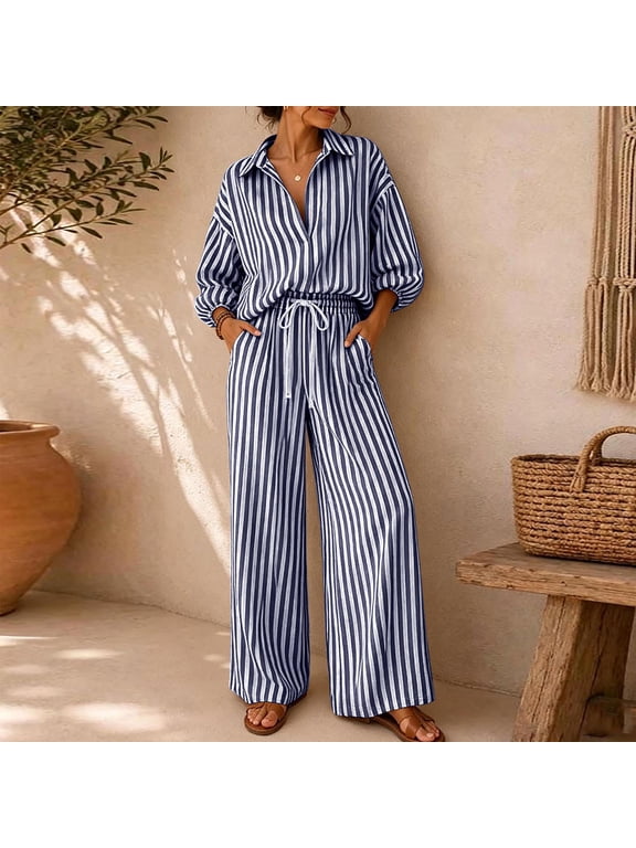 Women Striped Lapel Button 3/4 Sleeve Shirt and Drawstring Wide Leg Pants 2 Piece Outfit Set ,Casual Loose Vacation Suit Navy,Women's Plus XXL