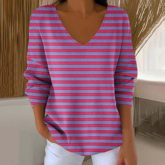 ClodeEU Women Striped Long Sleeve T Shirt ,V Neck Blouse , Loose Casual Tops Hot Pink,Womens Plus XXXXXL