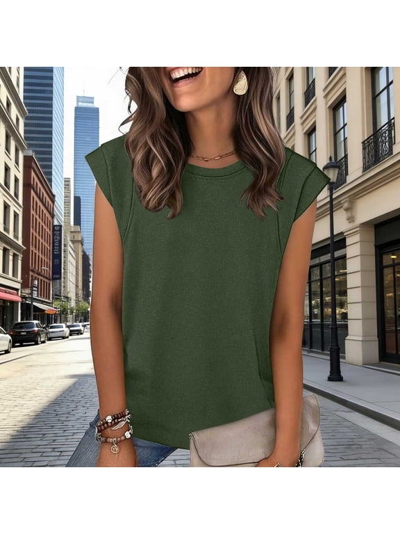 Women Summer Cap Sleeve Tops,Casual Loose Crew Neck Basic Tank Green,Womens Plus L