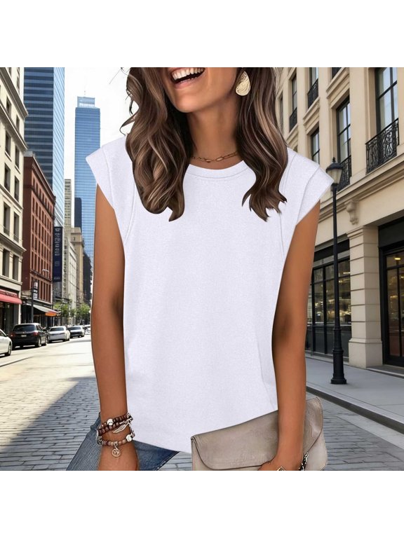 Women Summer Cap Sleeve Tops,Casual Loose Crew Neck Basic Tank White,Womens Plus M
