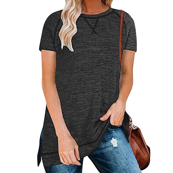ClodeEU Women Summer Short Sleeve Crewneck Tshirts with Side Split ,Loose Fit Tunic Shirts Black,Womens Plus S