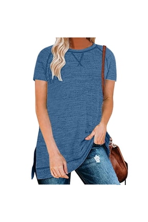 Women Summer Short Sleeve Crewneck Tshirts with Side Split ,Loose Fit Tunic Shirts Blue,Womens Plus