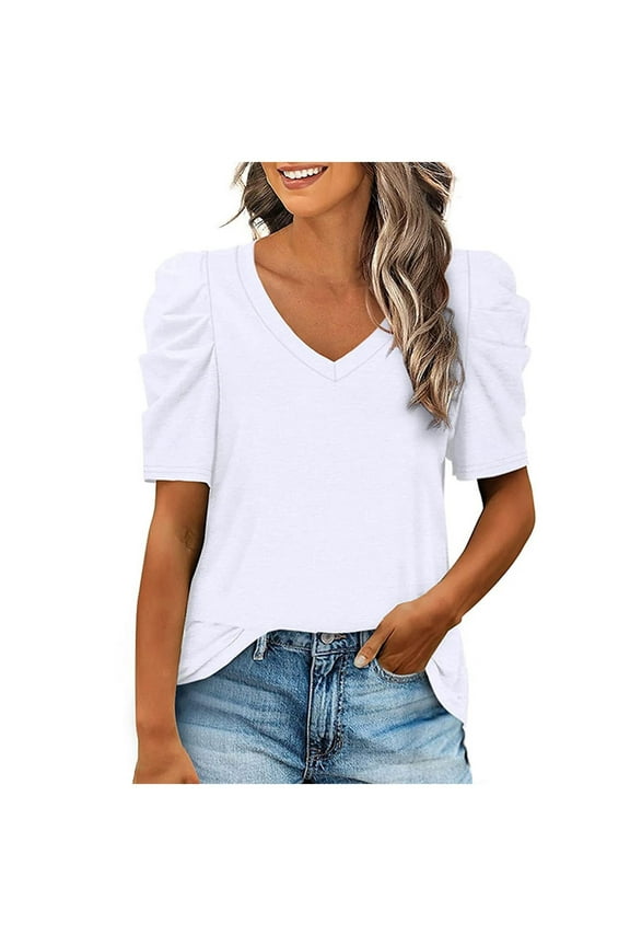 Women Summer V Neck Puff Short Sleeve T Shirts,Fashion Dressy Casual Tunic Loose Fit Blouses White,Womens Plus XL