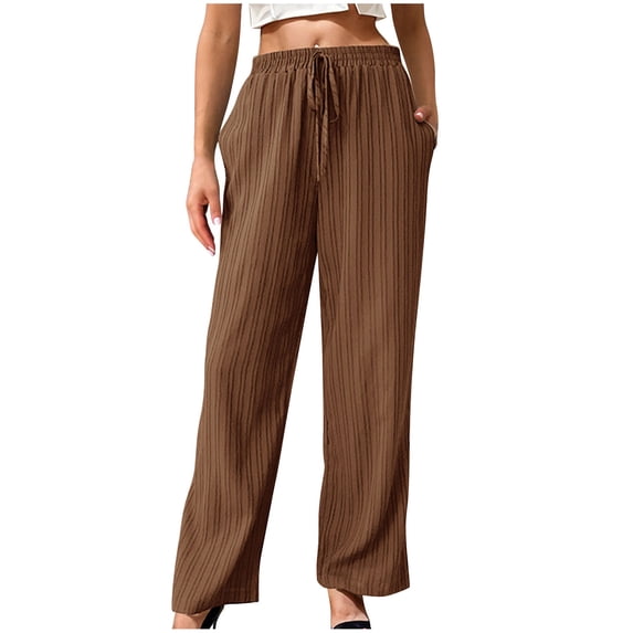 ClodeEU Women Summer Wide Leg Linen Pants with Pockets, High Waist Drawstring Loose Casual Palazzo Lounge Pants Coffee,Womens Plus L