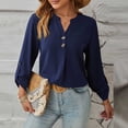 thumbnail image 1 of ClodeEU Women V Neck Henley Long Sleeve Pleated Blouse,Casual Loose Solid Tunic Top Dark Blue,Women's Plus L, 1 of 6