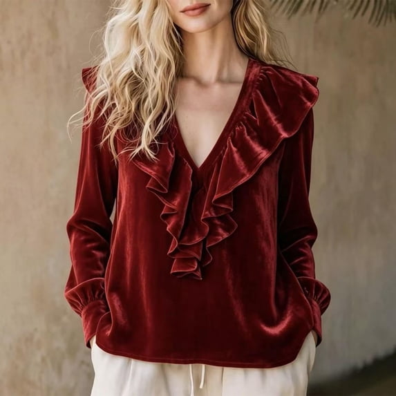 ClodeEU Women V Neck Ruffle Trim Long Sleeve Velvet Blouse,Casual Elegant Loose Dressy Shirt Wine,Women's Plus S