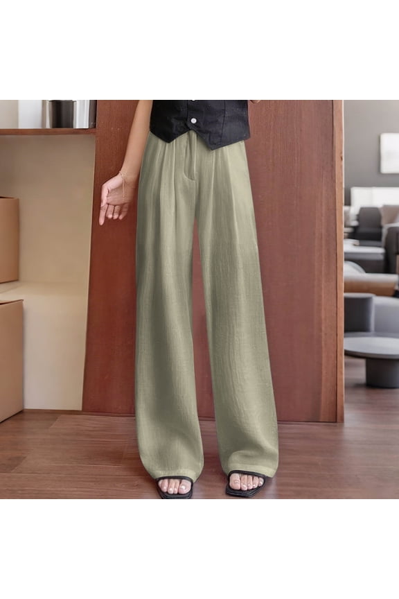 Women Wide Leg Pants，High Waisted Straight Leg Pants ,Casual Button Down Trousers Khaki,Womens Plus M