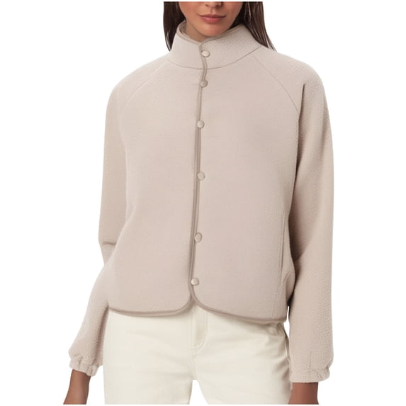 ClodeEU Women fleece Crop jacket ,Button Up Raglan Sleeve Coat With Pockets,Stand Collar Casual Jacket Beige,Womens Plus L