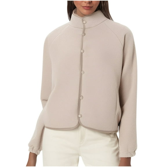 ClodeEU Women fleece Crop jacket ,Button Up Raglan Sleeve Coat With Pockets,Stand Collar Casual Jacket Beige,Womens Plus M