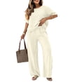 thumbnail image 1 of ClodeEU Women's 2 Piece Casual Set ,Embroidered Short Sleeve Top and Wide Leg Pants ,Solid Color Lounge Outfit Beige,Women's Plus L, 1 of 8