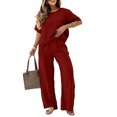 thumbnail image 1 of ClodeEU Women's 2 Piece Casual Set ,Embroidered Short Sleeve Top and Wide Leg Pants ,Solid Color Lounge Outfit Wine,Women's Plus L, 1 of 8
