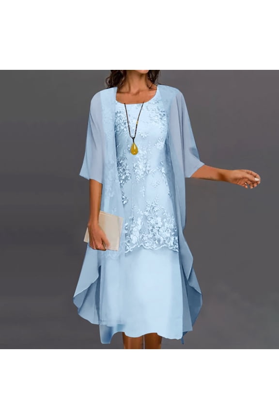 U Women's 2 Piece Chiffon Midi Dress Set,3/4 Sleeve Crew Neck Casual Summer Outfit Blue,Women's Plus M