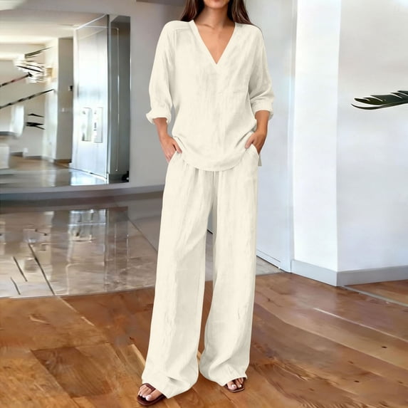 ClodeEU Women's 2 Piece Linen Blend Outfit Set, V Neck Roll-Up Sleeve Top and Wide Leg Pants with Pockets for Summer White,Women's Plus XXL