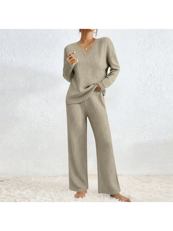 Women's 2 Piece Lounge Set,Long Sleeve V Neck Sweater,High Waist Elastic Waist Wide Leg Pant Set Khaki,Womens Plus S