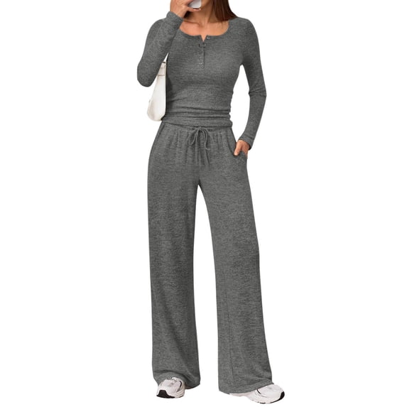 ClodeEU Women's 2 Piece Lounge Set, Round Neck Button-Down Slightly Crop Top, Elastic Waist Drawstring Wide-Leg Pants Dark Gray,Womens Plus M