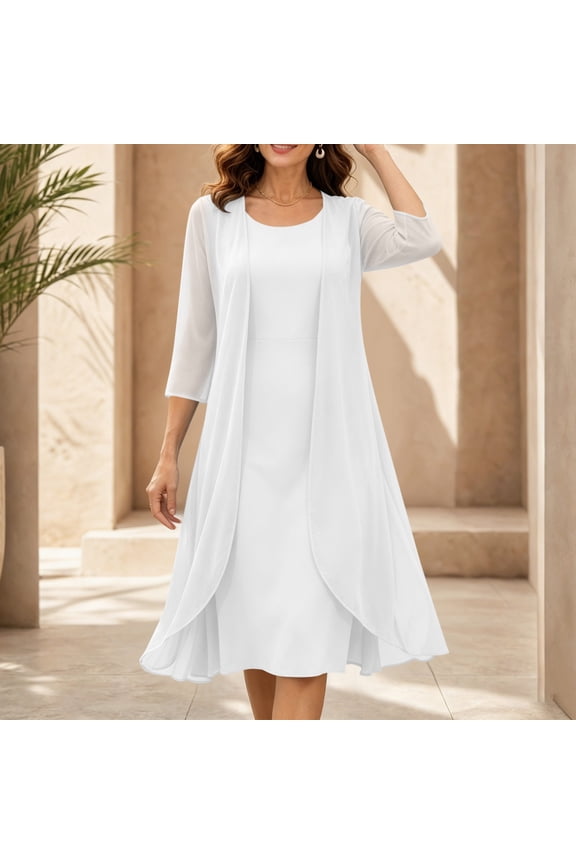 Women's 2 Piece Outfit ,Long Chiffon Cardigan and Sleeveless Crewneck Dress Set,Casual Summer Flowy Dress White,Women's Plus M