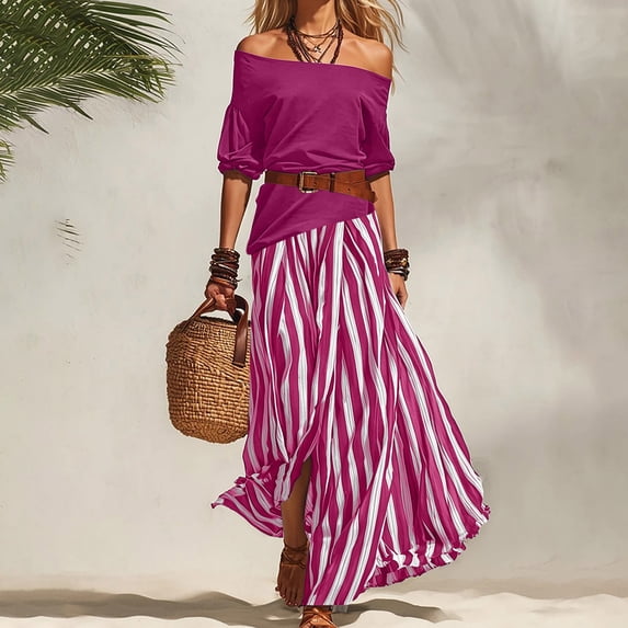 ClodeEU Women's 2 Piece Outfit ,Off Shoulder Ruffle Top and Striped Maxi Skirt Set with Belt Hot Pink,Women's Plus XXL