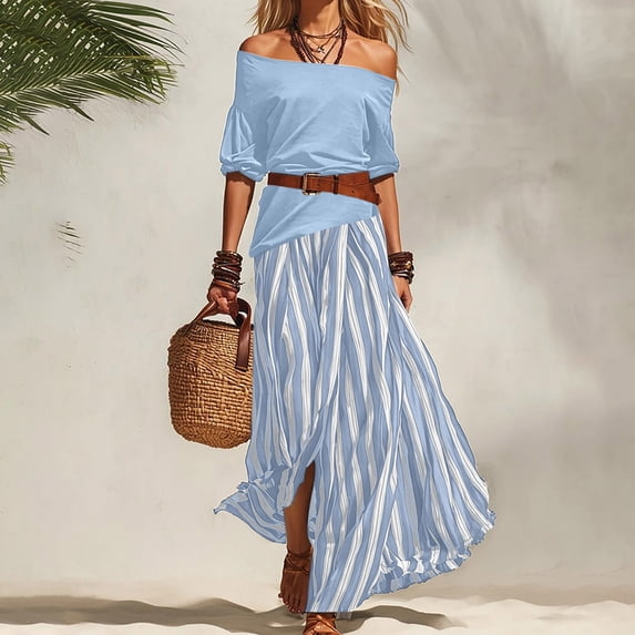 ClodeEU Women's 2 Piece Outfit ,Off Shoulder Ruffle Top and Striped Maxi Skirt Set with Belt Light Blue,Women's Plus L