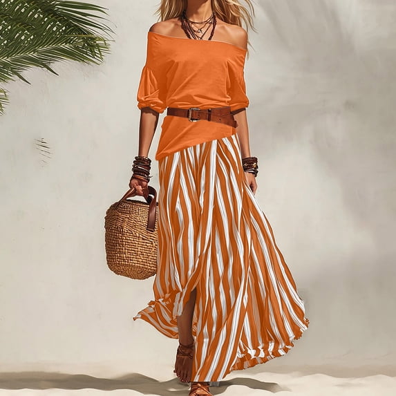ClodeEU Women's 2 Piece Outfit ,Off Shoulder Ruffle Top and Striped Maxi Skirt Set with Belt Orange,Women's Plus XL