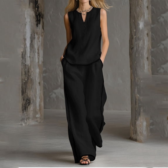 ClodeEU Women's 2 Piece Outfit, Sleeveless V Neck Top and Wide Leg Pants Set,Casual Loose Summer Set Black,Women's Plus L