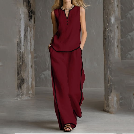 ClodeEU Women's 2 Piece Outfit, Sleeveless V Neck Top and Wide Leg Pants Set,Casual Loose Summer Set Wine,Women's Plus XL