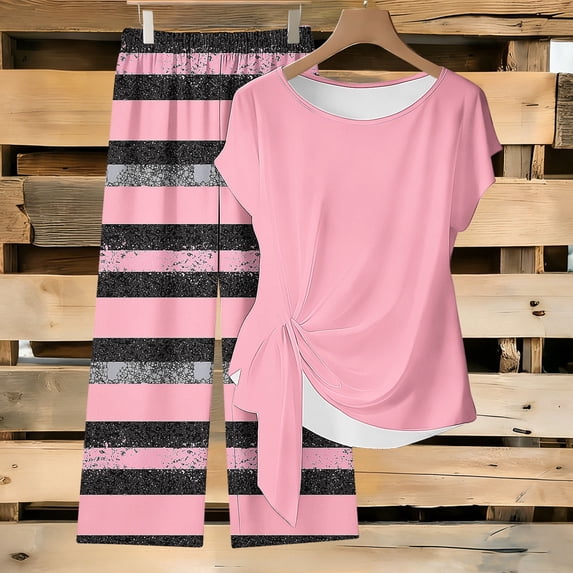 ClodeEU Women's 2 Piece Outfit,Tie Short Sleeve Crewneck Print Top and Loose Fit Pants ,Casual Solid Color Lounge Set Pink,Womens Plus XL