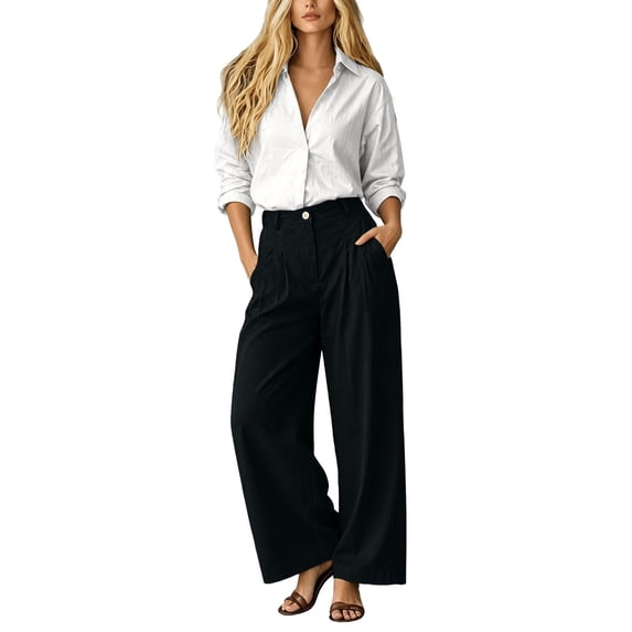 ClodeEU Women's 2 Piece Outfits ,Long Sleeve Button Down Shirt and High Waist Pleated Wide Leg Pants Set, Solid Color Casual Matching Set ,Women's Plus S