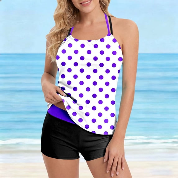 ClodeEU Women's 2-Piece Polka Dot Tankini Swimsuit, Ruched Side Halter Top with Boyshort, Modest Bathing Suit Purple,Womens Plus S