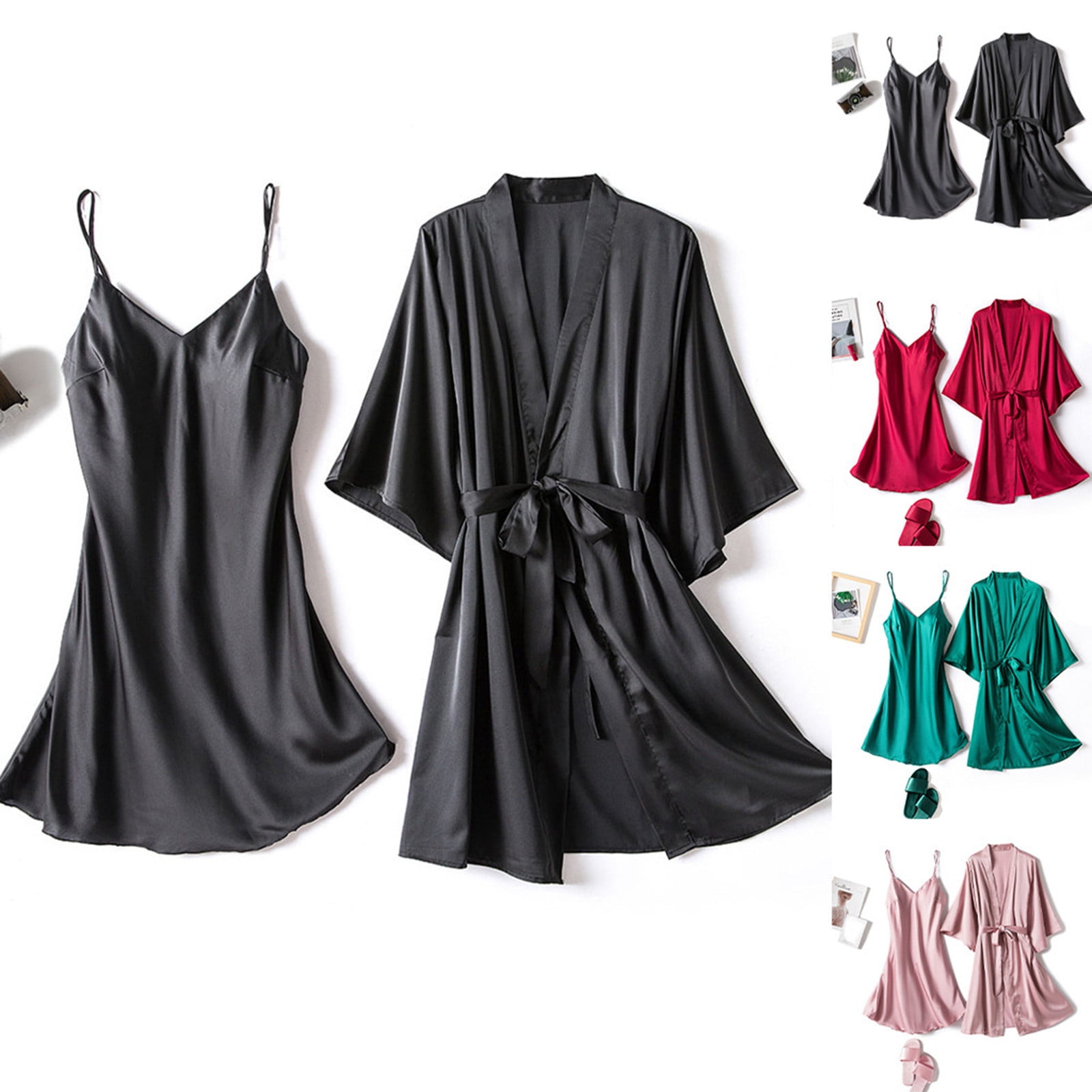 ClodeEU Women’s 2-Piece Satin Set, V Neck Spaghetti Strap Nightgown and ...