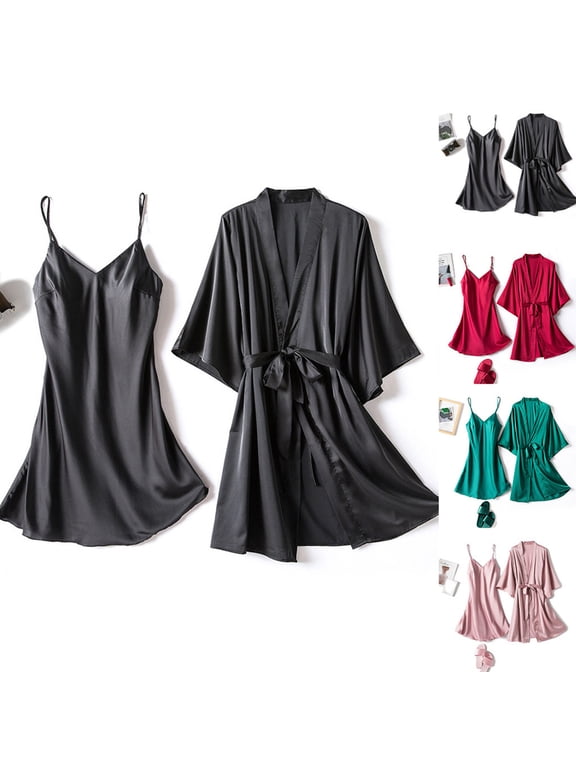 Women’s 2-Piece Satin Set, V Neck Spaghetti Strap Nightgown and Kimono Robe, Silky Sleepwear Black,Women's Plus XXXL