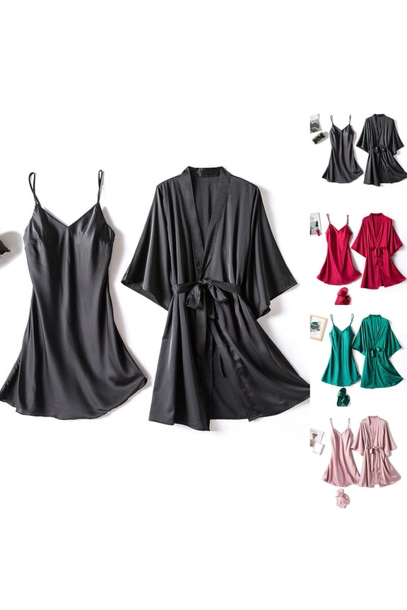 Women’s 2-Piece Satin Set, V Neck Spaghetti Strap Nightgown and Kimono Robe, Silky Sleepwear Green,Women's Plus XXXL